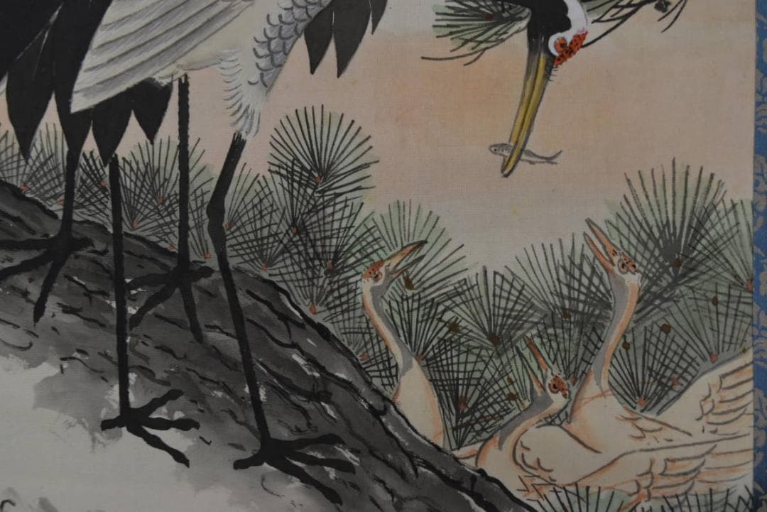 龍僊/龍仙/松上双鶴図/松鶴図/祝事掛/鶴巣籠図/掛軸/名家伝来/AA-428