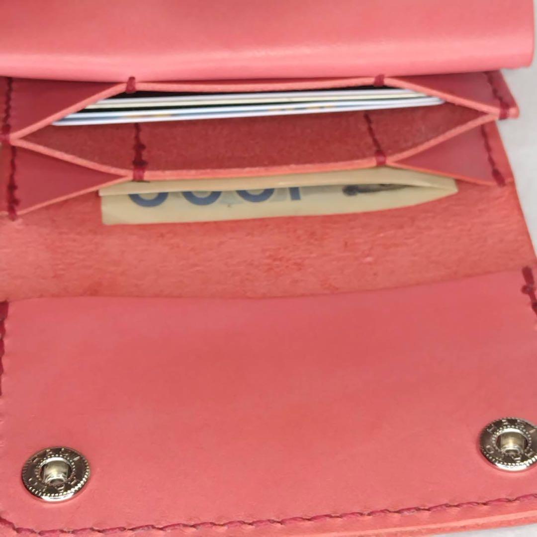 手のひらサイズ 本革ミニ財布 ウォレット 革財布 手縫いヌメ革・ピンク