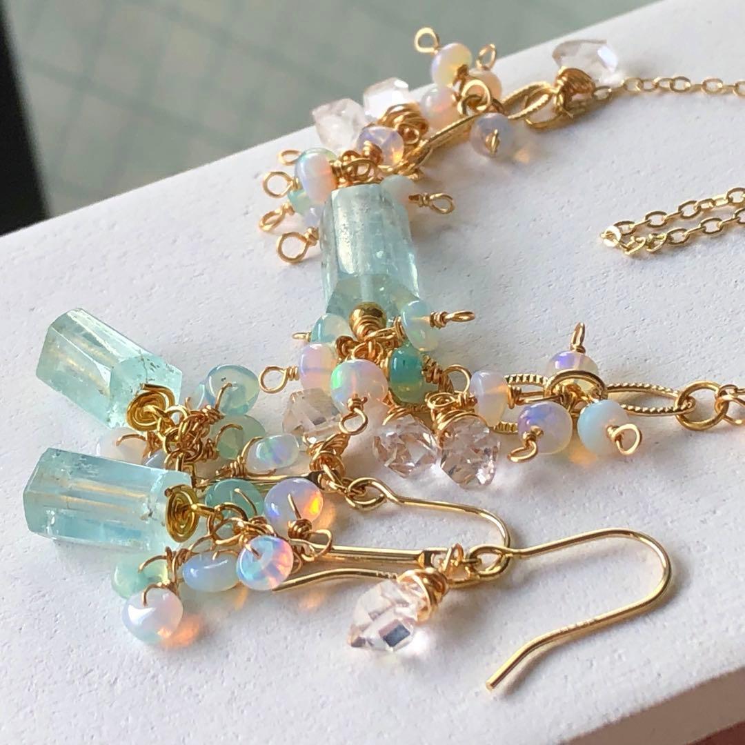 天然石☆極上大粒ミントエメラルド×極上ダイヤモンドクォーツのピアス14kgf