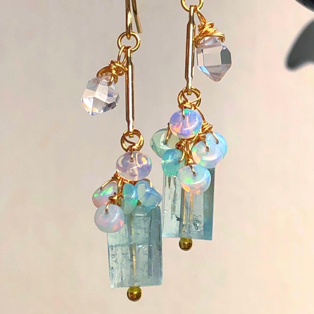 天然石☆極上大粒ミントエメラルド×極上ダイヤモンドクォーツのピアス14kgf