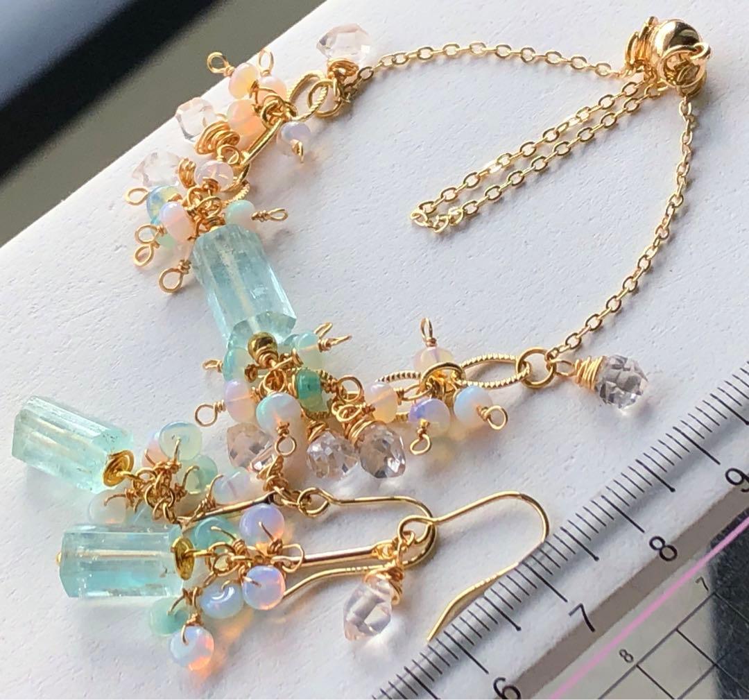 天然石☆極上大粒ミントエメラルド×極上ダイヤモンドクォーツのピアス14kgf