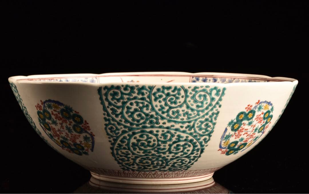 【特別出品】極上　古伊万里 柿右衛門様式 猫に花唐草紋様　色絵大鉢 幅40cm