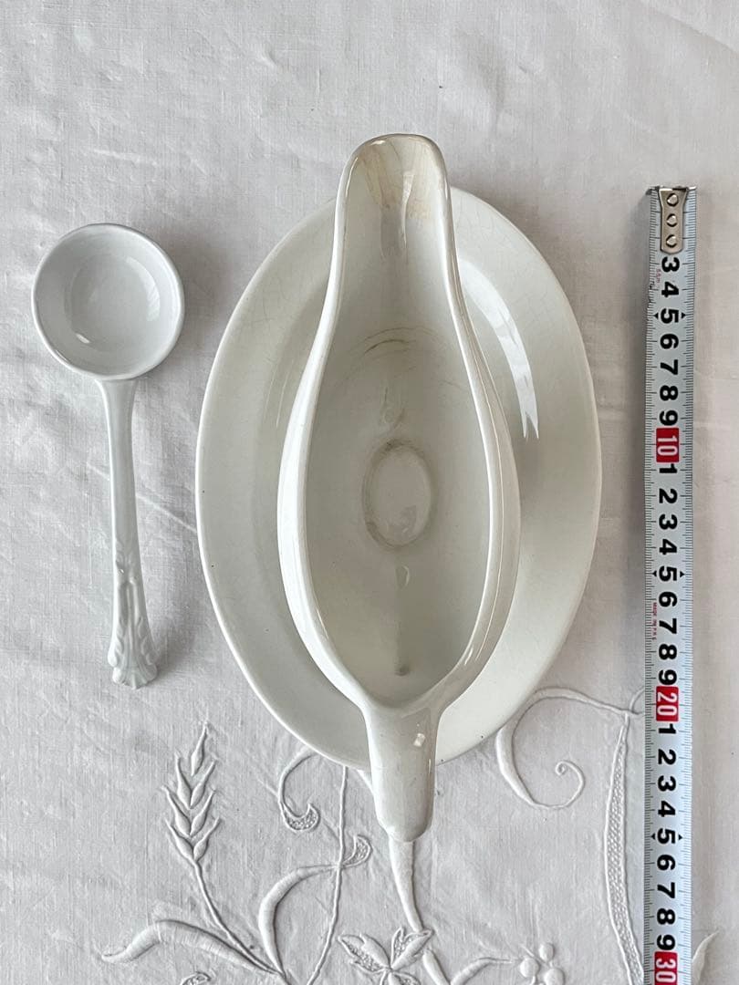 【美品】フランスアンティーク ホワイト陶器のソーシエールおさじセット[3817]