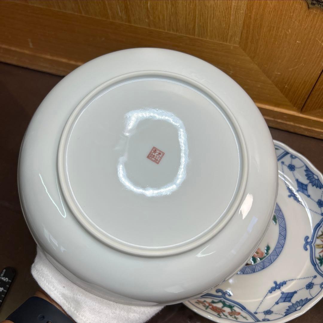 九谷青郊窯　6号皿揃 染付瓔珞紋花鳥　未使用品