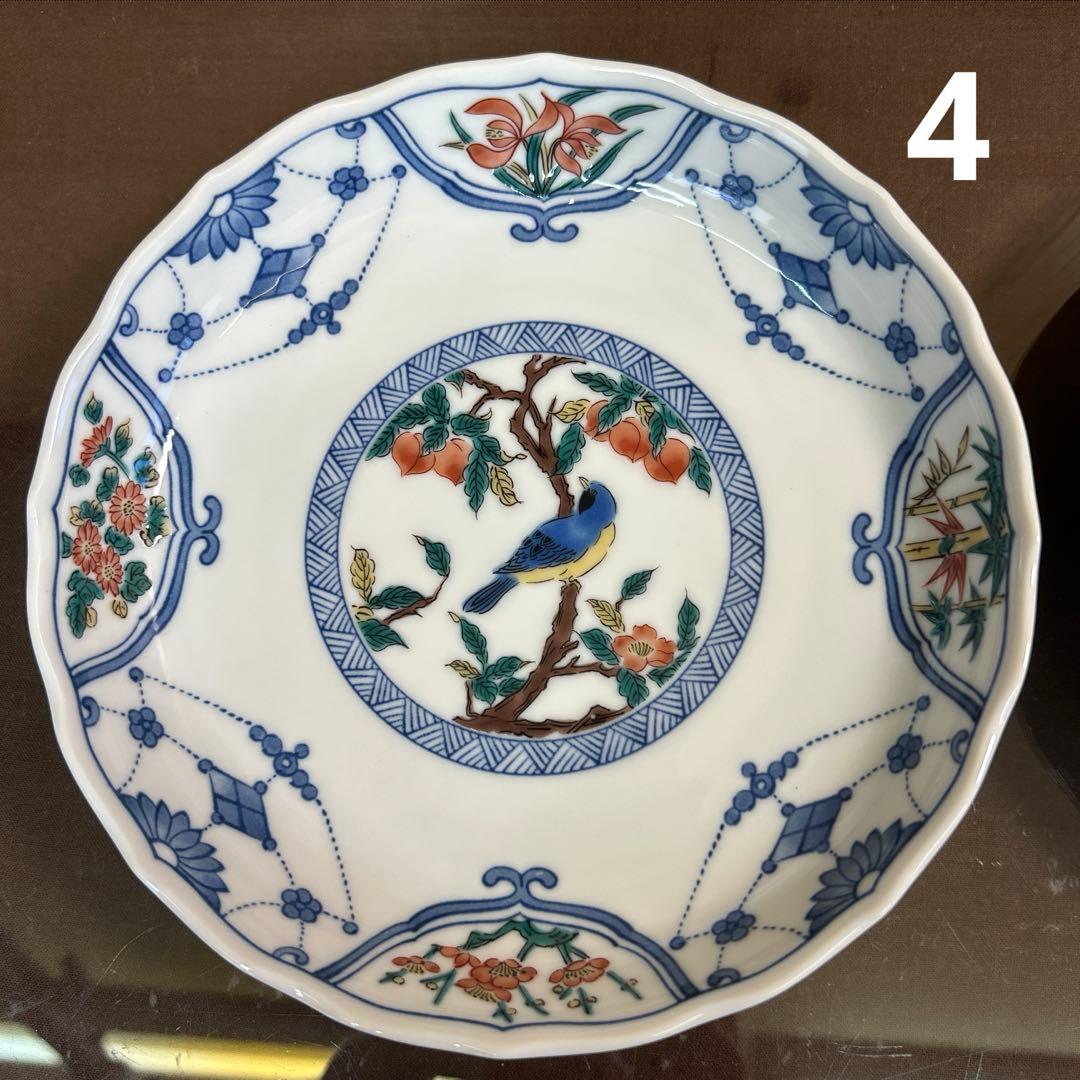九谷青郊窯　6号皿揃 染付瓔珞紋花鳥　未使用品