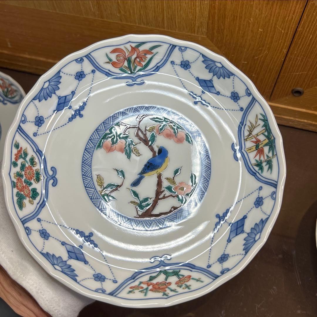 九谷青郊窯　6号皿揃 染付瓔珞紋花鳥　未使用品