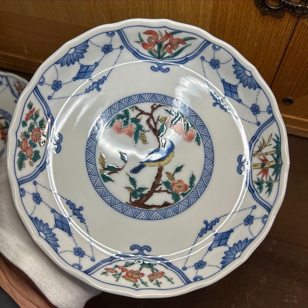 九谷青郊窯　6号皿揃 染付瓔珞紋花鳥　未使用品