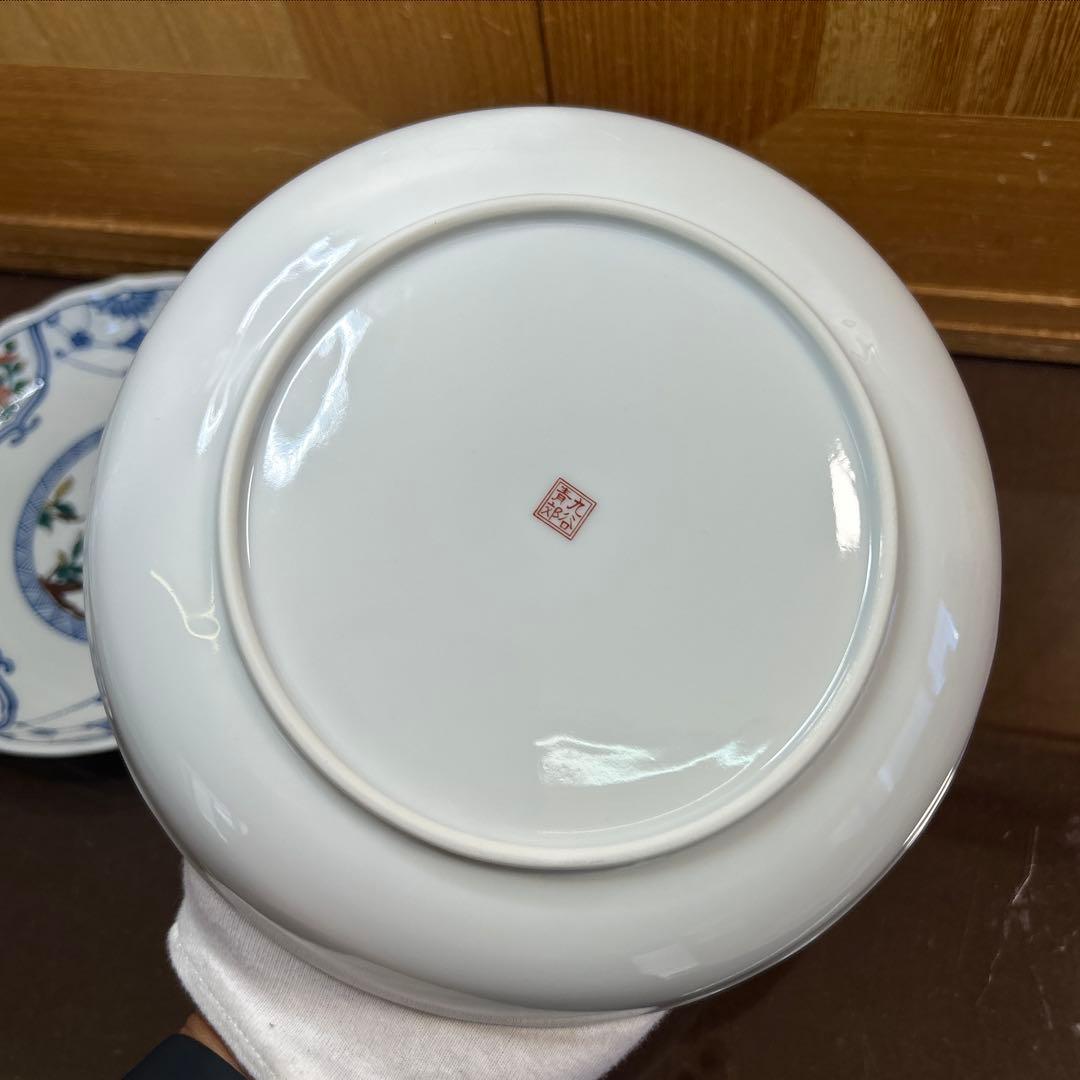 九谷青郊窯　6号皿揃 染付瓔珞紋花鳥　未使用品