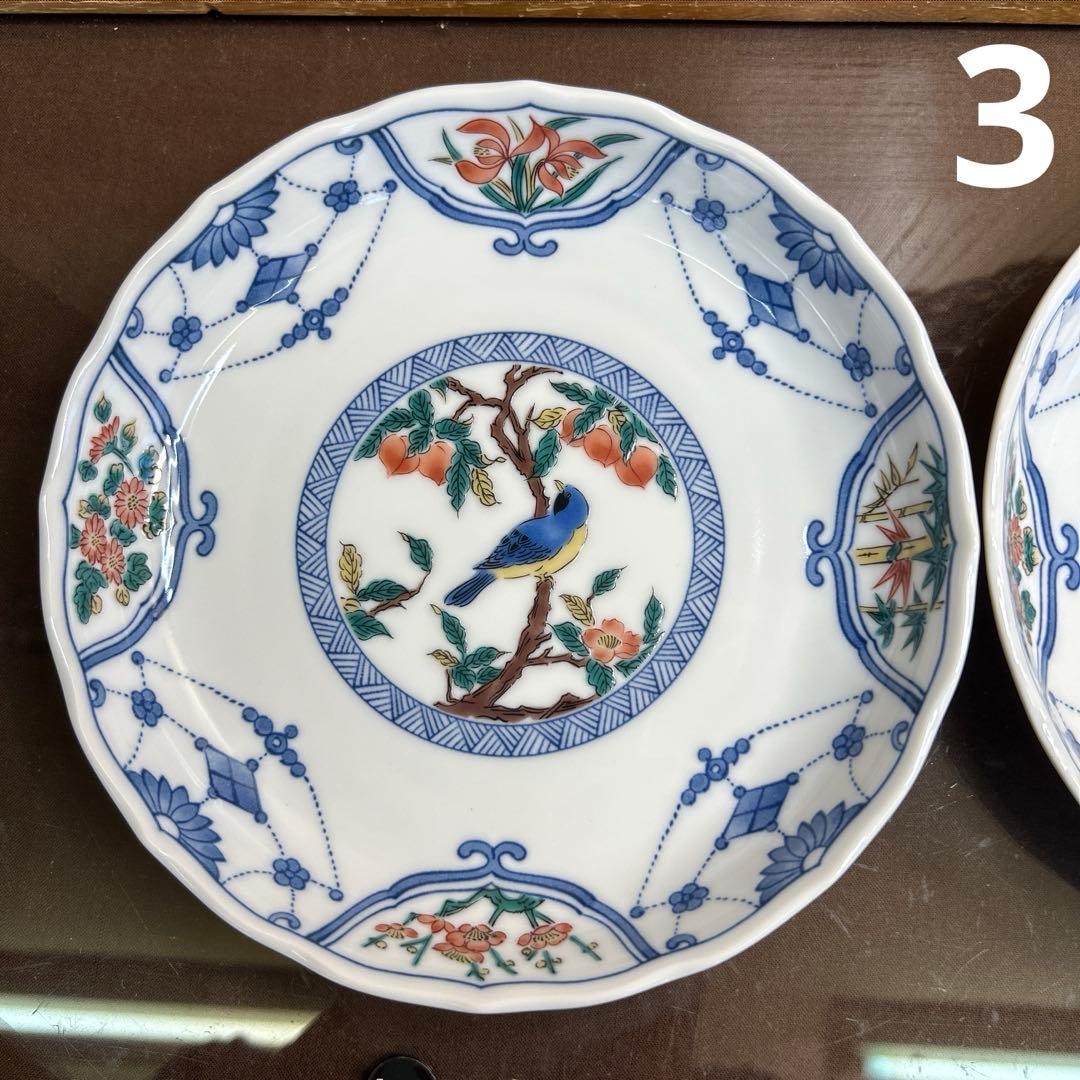 九谷青郊窯　6号皿揃 染付瓔珞紋花鳥　未使用品