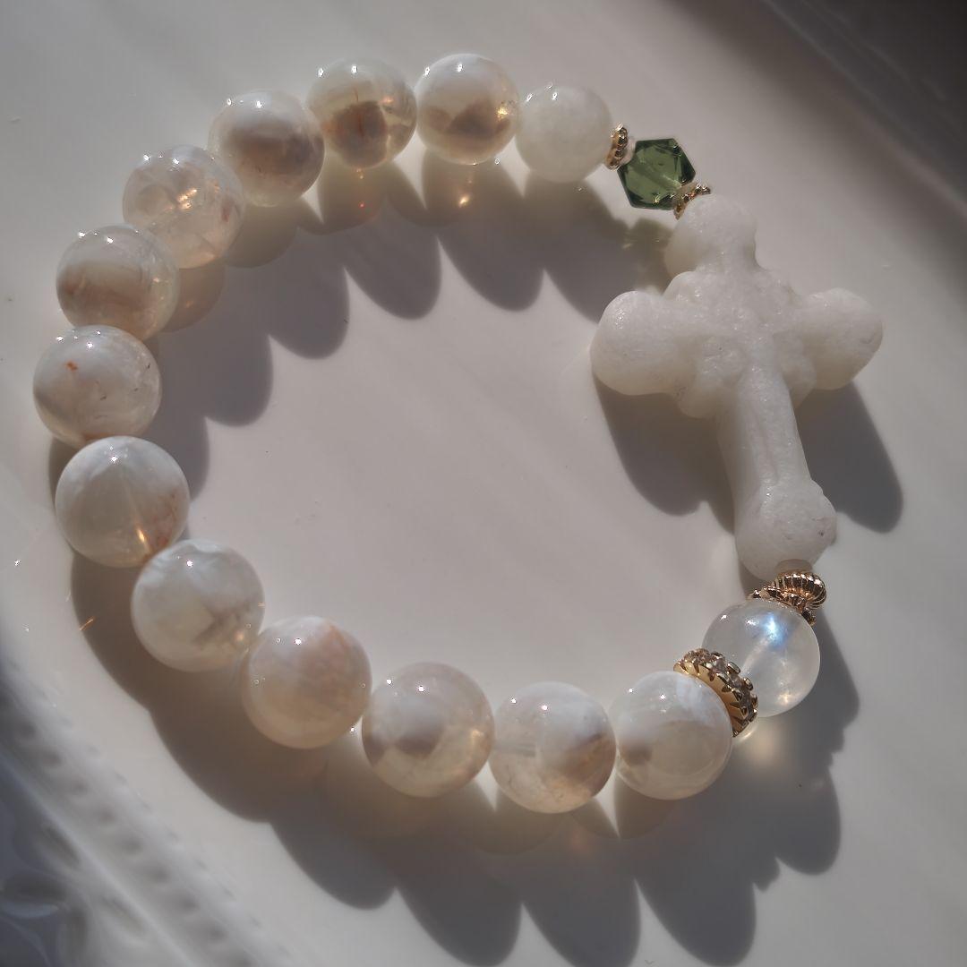 ホワイト瑪瑙十字架　グリーンアパタイト六芒星　ホワイトスノーガーデン　ムーンスト