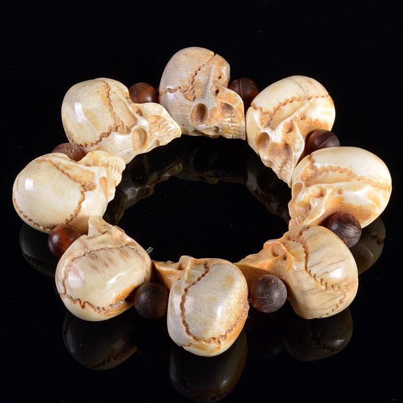 仏教美術　玉石獣骨彫刻　骸骨　数珠　念珠　G　R6151