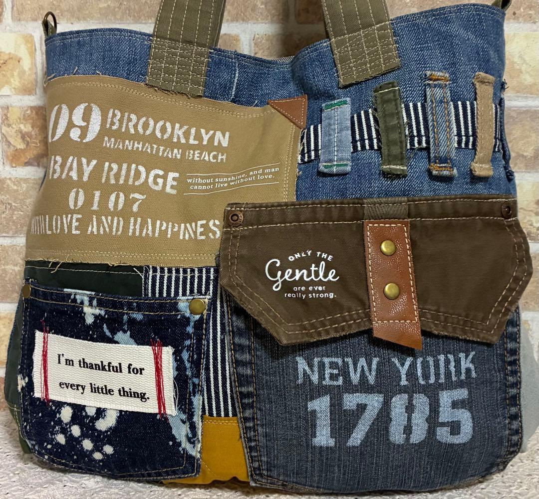 118.★ 大きめトートバッグ★デニムリメイク★Lサイズ★ショルダー紐付き