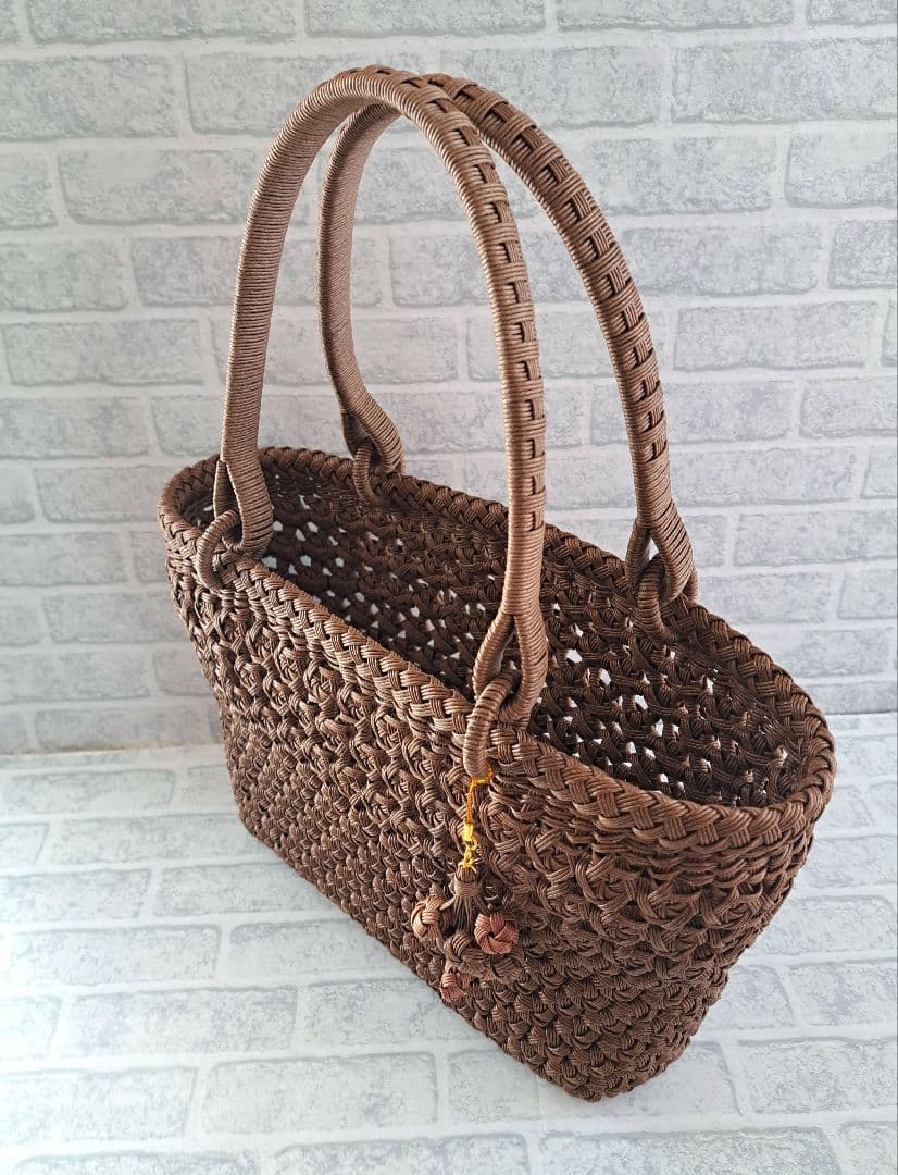 ブラウン花車×花結び 山葡萄風 クラフトバンド花結び クラフトテープ かごバッグ