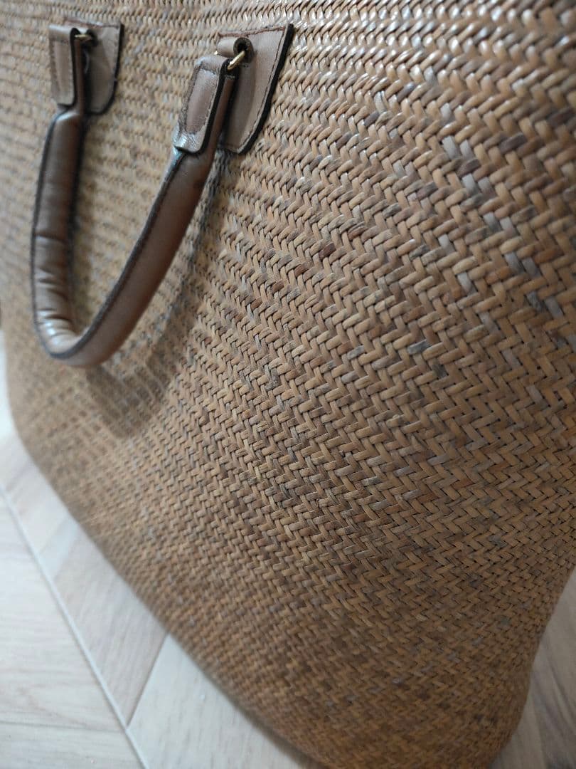 アンティーク風 竹かごバッグ ハンドメイド 牛革使用 ヴィンテージ 藍染古布内装