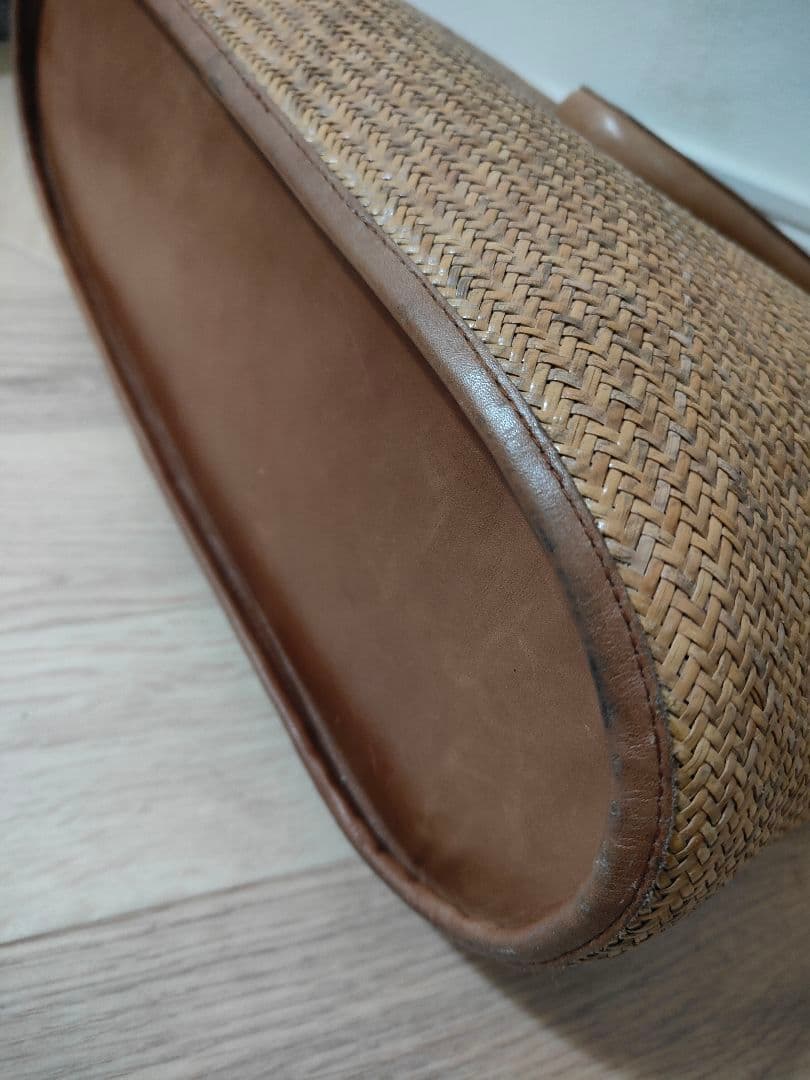 アンティーク風 竹かごバッグ ハンドメイド 牛革使用 ヴィンテージ 藍染古布内装