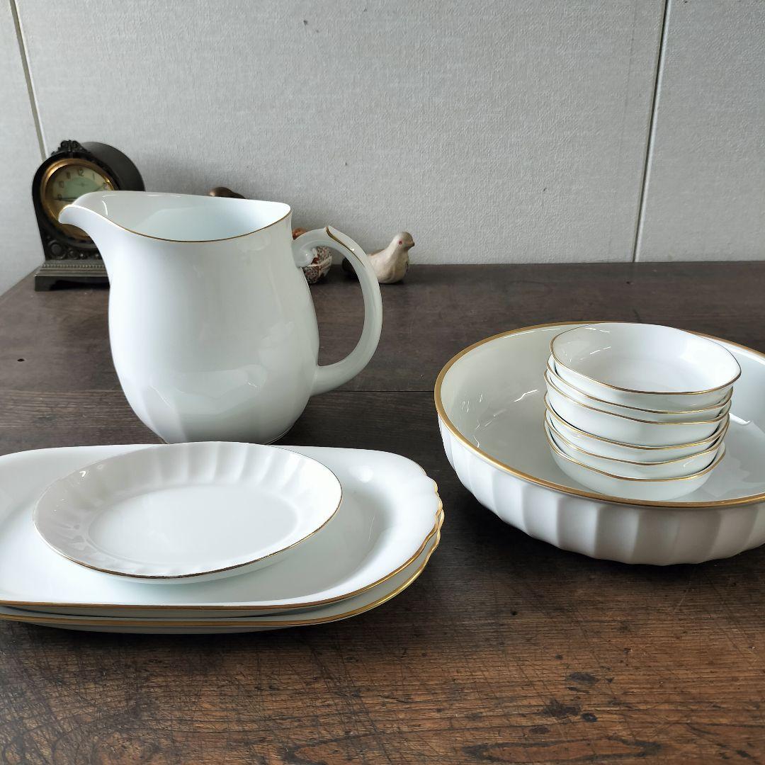 三菱石油　非売品記念品　大倉陶園　ピッチャー　小皿　ボウル鉢　オーバル長皿　金彩