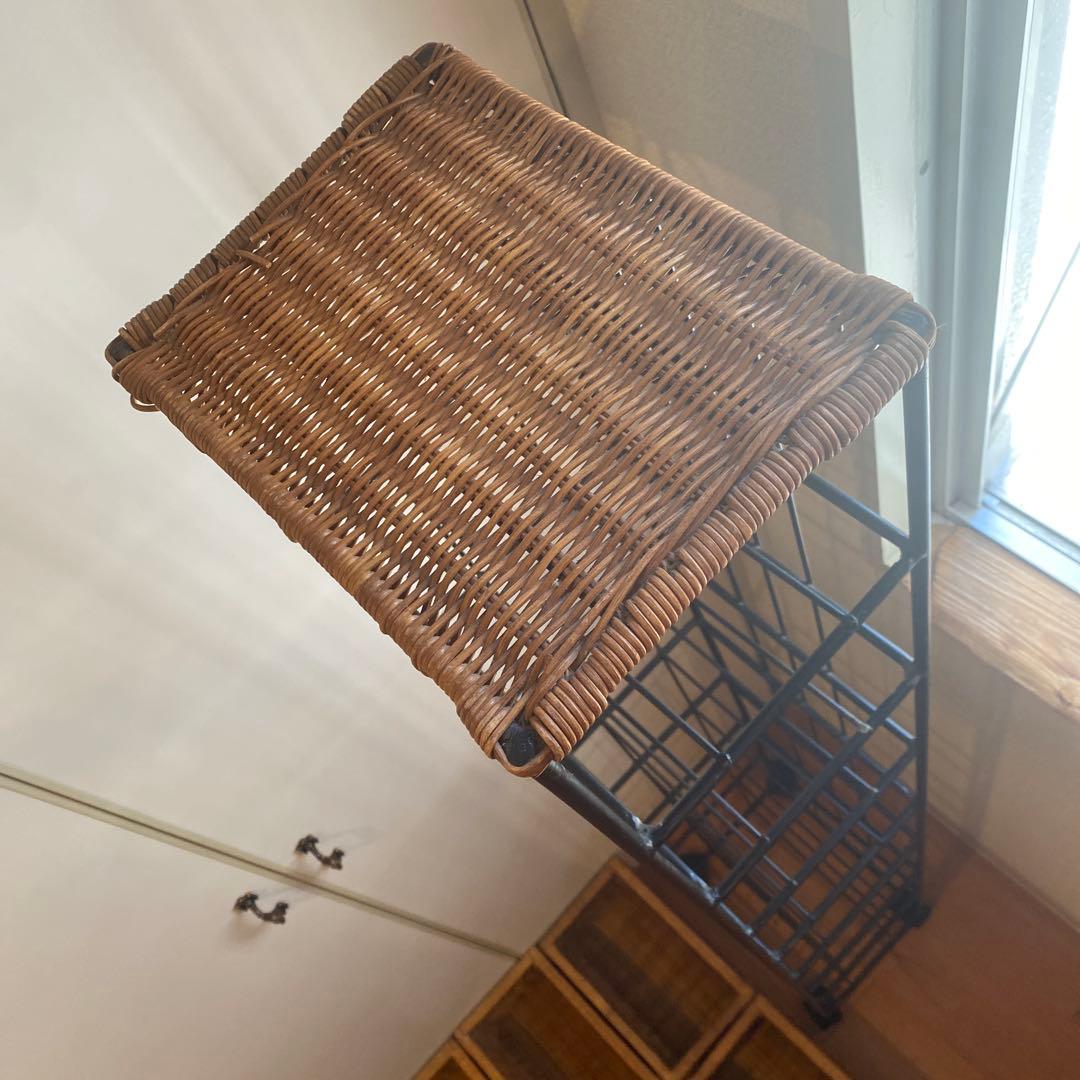 黒アイアン ラタンラック×8引出し バスケット棚 キャスター付 昭和レトロ