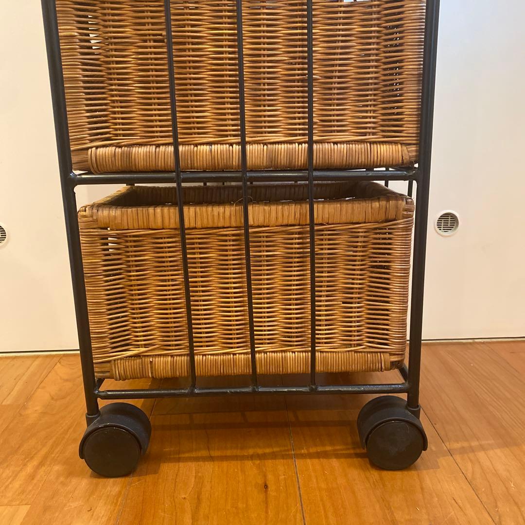 黒アイアン ラタンラック×8引出し バスケット棚 キャスター付 昭和レトロ