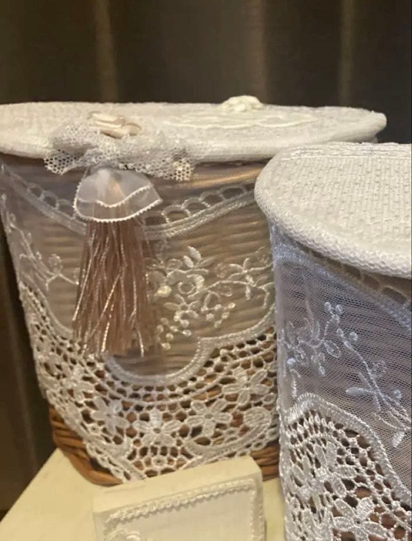 リメイク　 籐ラタン　手編みかご　蓋付き　収納　上品　レース　バスケット