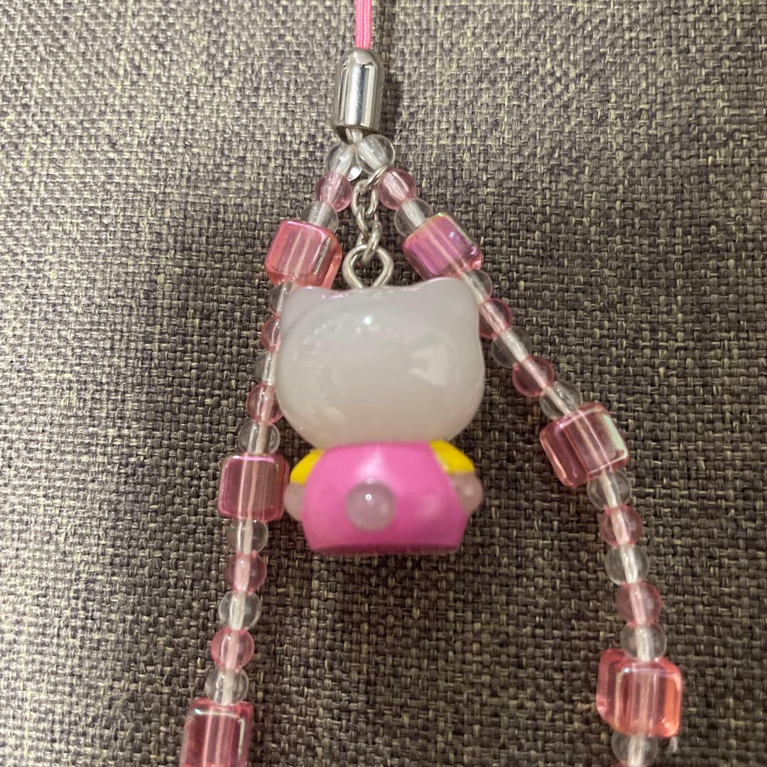 美品　ハローキティ　ビーズストラップ　ピンク　チューリップ　99年製
