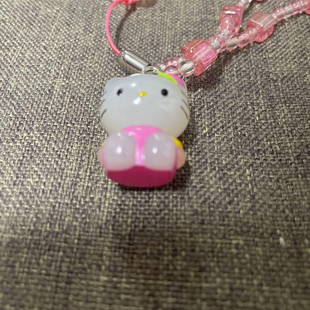 美品　ハローキティ　ビーズストラップ　ピンク　チューリップ　99年製