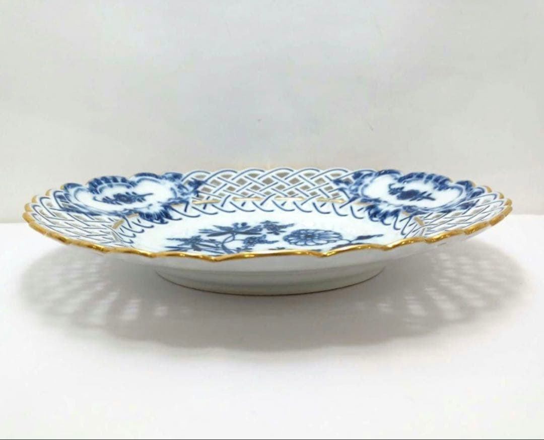 マイセン 古マイセン ブルーオニオン 金彩透かしプレート