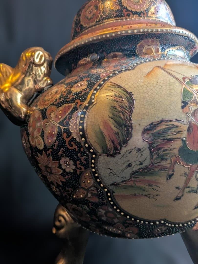 【豪華絢爛】薩摩焼　飾り壺　大香炉　獅子　女武者　花鳥図　青粒　骨董　古美術