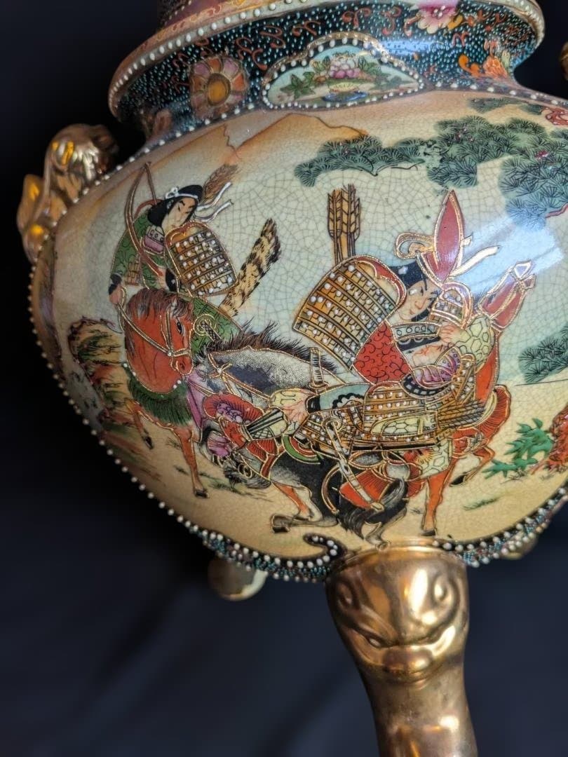 【豪華絢爛】薩摩焼　飾り壺　大香炉　獅子　女武者　花鳥図　青粒　骨董　古美術