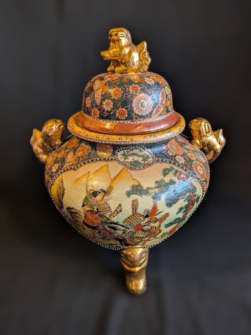 【豪華絢爛】薩摩焼　飾り壺　大香炉　獅子　女武者　花鳥図　青粒　骨董　古美術