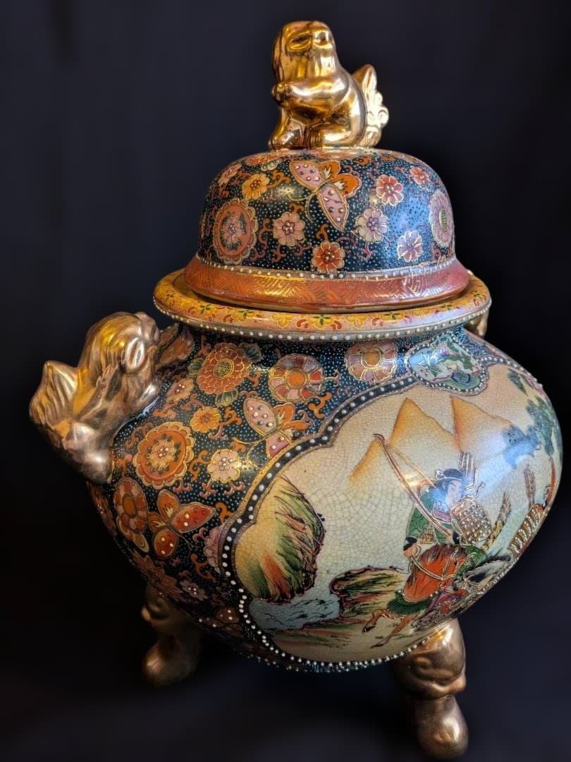 【豪華絢爛】薩摩焼　飾り壺　大香炉　獅子　女武者　花鳥図　青粒　骨董　古美術