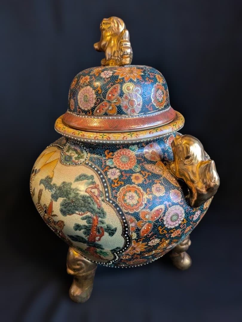 【豪華絢爛】薩摩焼　飾り壺　大香炉　獅子　女武者　花鳥図　青粒　骨董　古美術