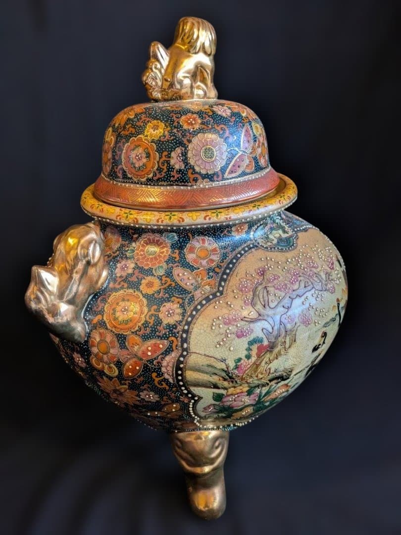 【豪華絢爛】薩摩焼　飾り壺　大香炉　獅子　女武者　花鳥図　青粒　骨董　古美術