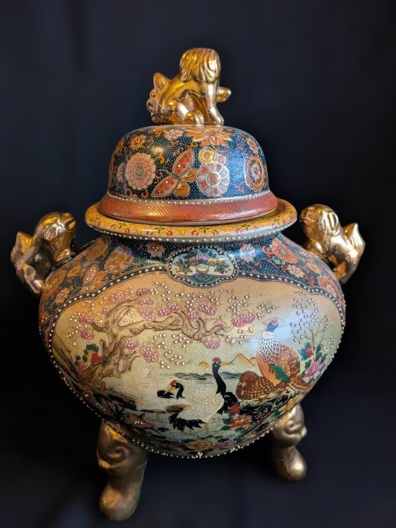 【豪華絢爛】薩摩焼　飾り壺　大香炉　獅子　女武者　花鳥図　青粒　骨董　古美術