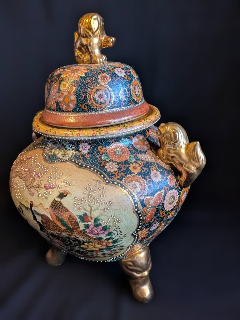 【豪華絢爛】薩摩焼　飾り壺　大香炉　獅子　女武者　花鳥図　青粒　骨董　古美術