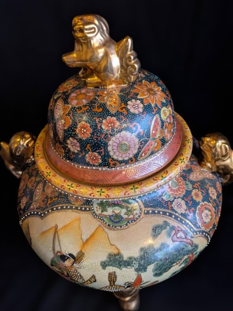 【豪華絢爛】薩摩焼　飾り壺　大香炉　獅子　女武者　花鳥図　青粒　骨董　古美術