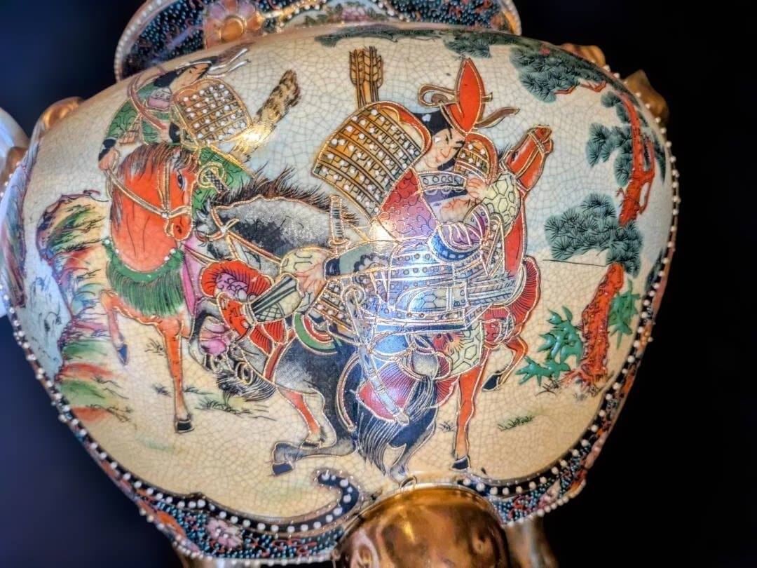 【豪華絢爛】薩摩焼　飾り壺　大香炉　獅子　女武者　花鳥図　青粒　骨董　古美術