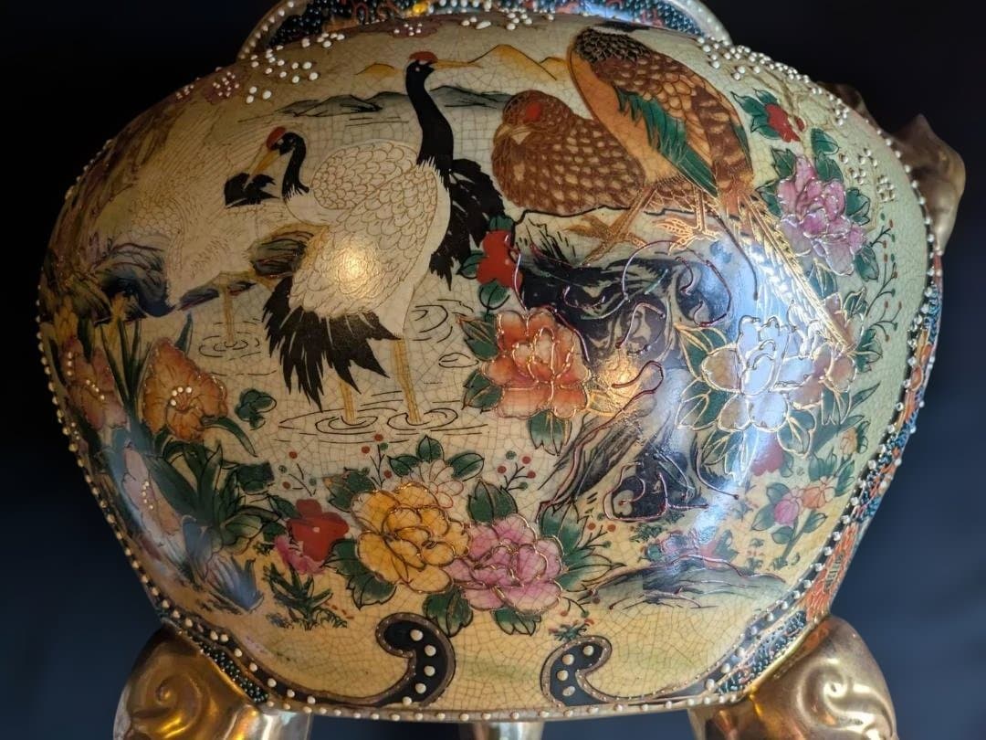 【豪華絢爛】薩摩焼　飾り壺　大香炉　獅子　女武者　花鳥図　青粒　骨董　古美術