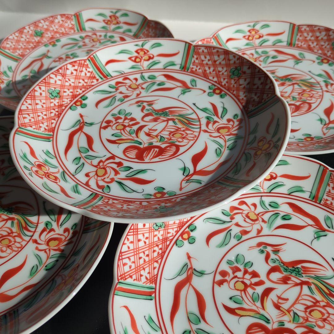 たち吉　赤絵花鳥　中皿　5枚セット　輪花皿　古伊万里　和皿　鳳凰　橘吉