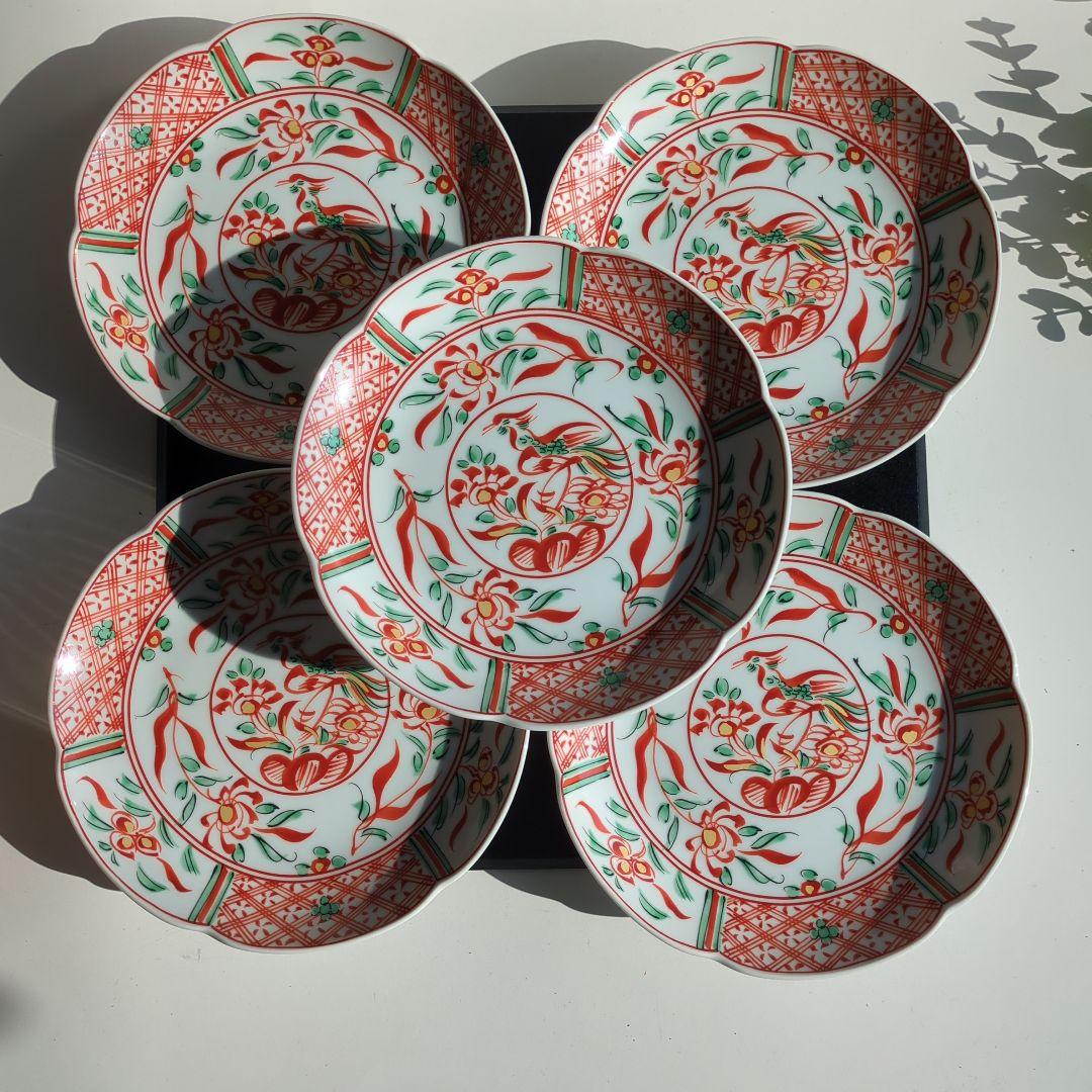 たち吉　赤絵花鳥　中皿　5枚セット　輪花皿　古伊万里　和皿　鳳凰　橘吉