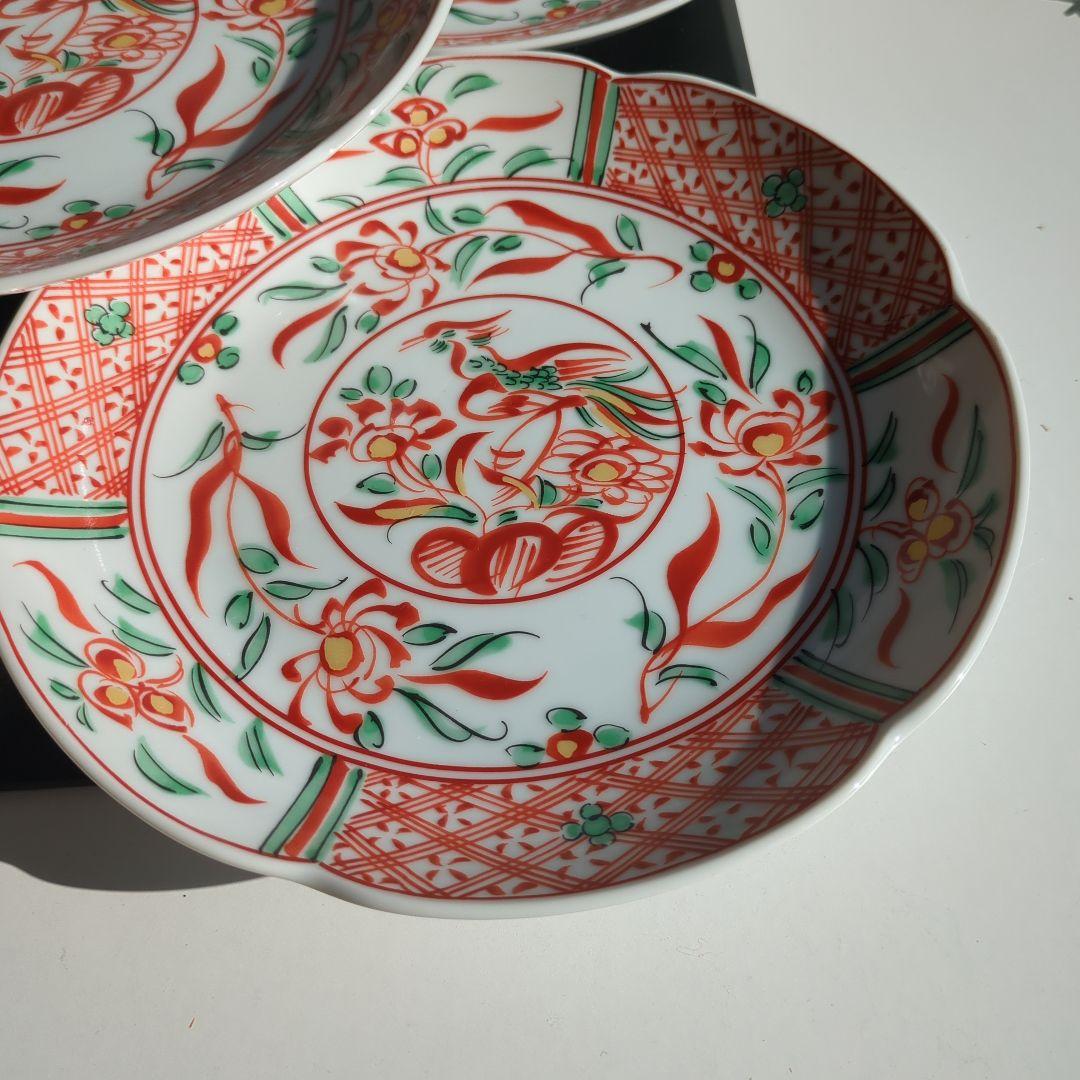たち吉　赤絵花鳥　中皿　5枚セット　輪花皿　古伊万里　和皿　鳳凰　橘吉