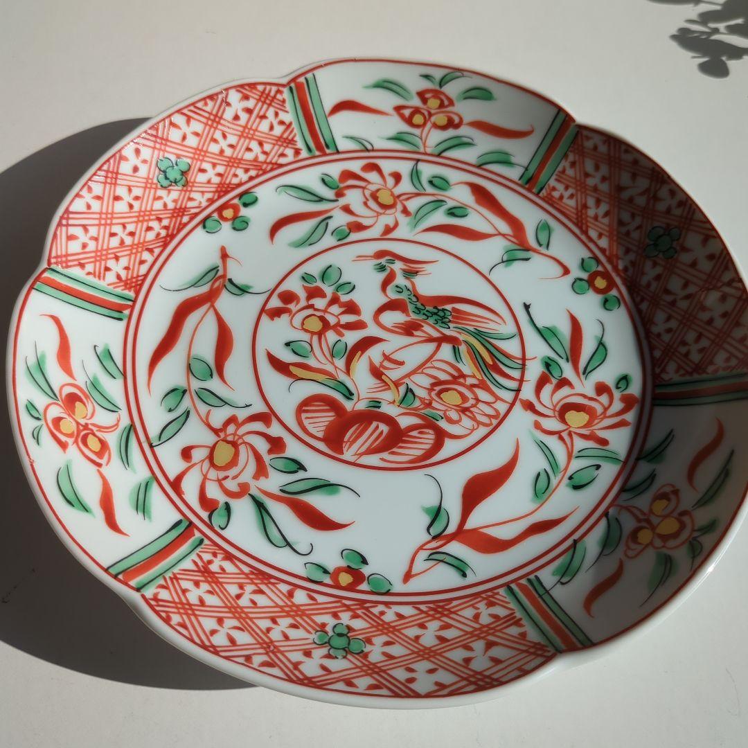 たち吉　赤絵花鳥　中皿　5枚セット　輪花皿　古伊万里　和皿　鳳凰　橘吉