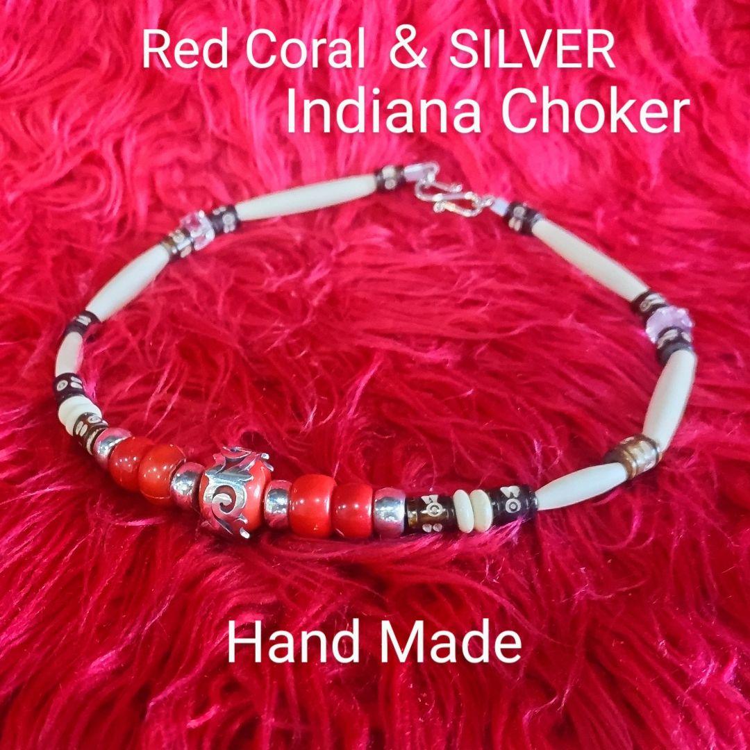 赤珊瑚と銀のインディアンチョーカー ハンドメイド作品