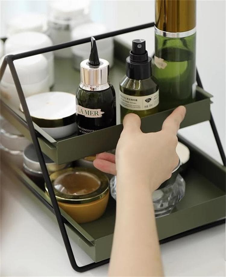 鉄製の２段トレー　引き出し可能　卓上ラック　キッチンラック　カーキグリーン　収納