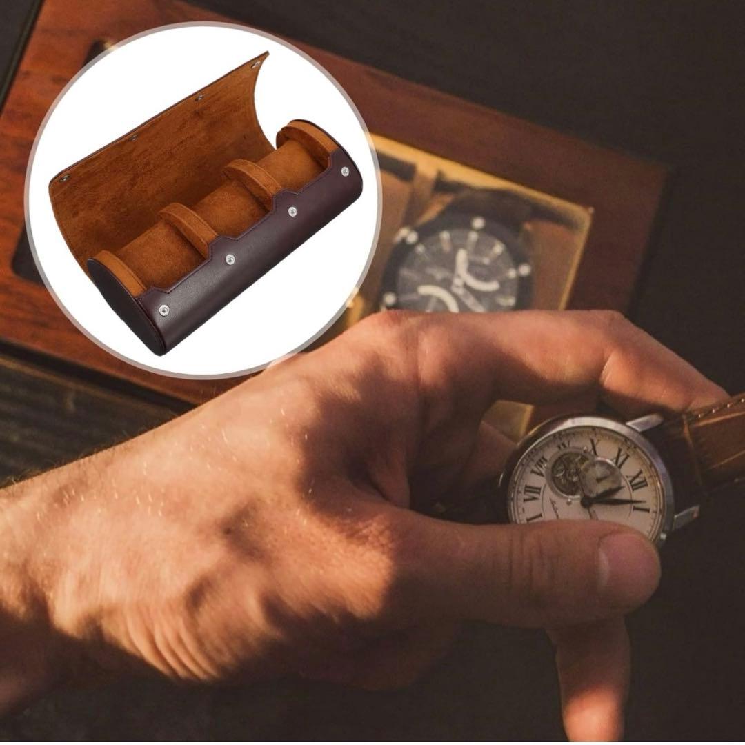 腕時計ロール 3スロット PUレザー ポータブル 腕時計ケース ブラウン