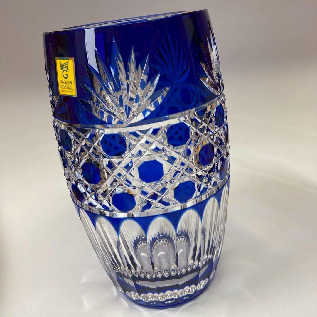 【もも】カガミクリスタル 江戸切子 花瓶 笹っ葉に八角籠目紋〈未使用品〉