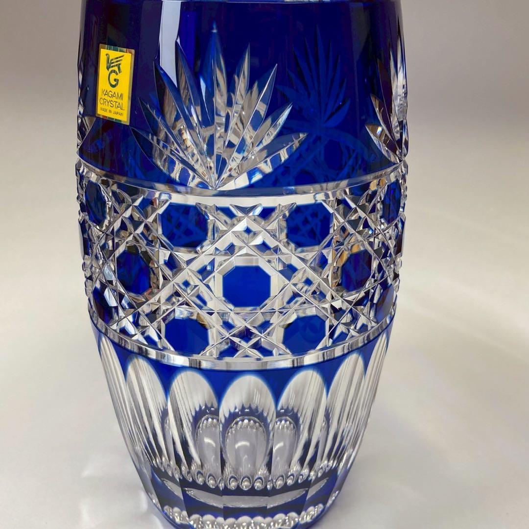 【もも】カガミクリスタル 江戸切子 花瓶 笹っ葉に八角籠目紋〈未使用品〉