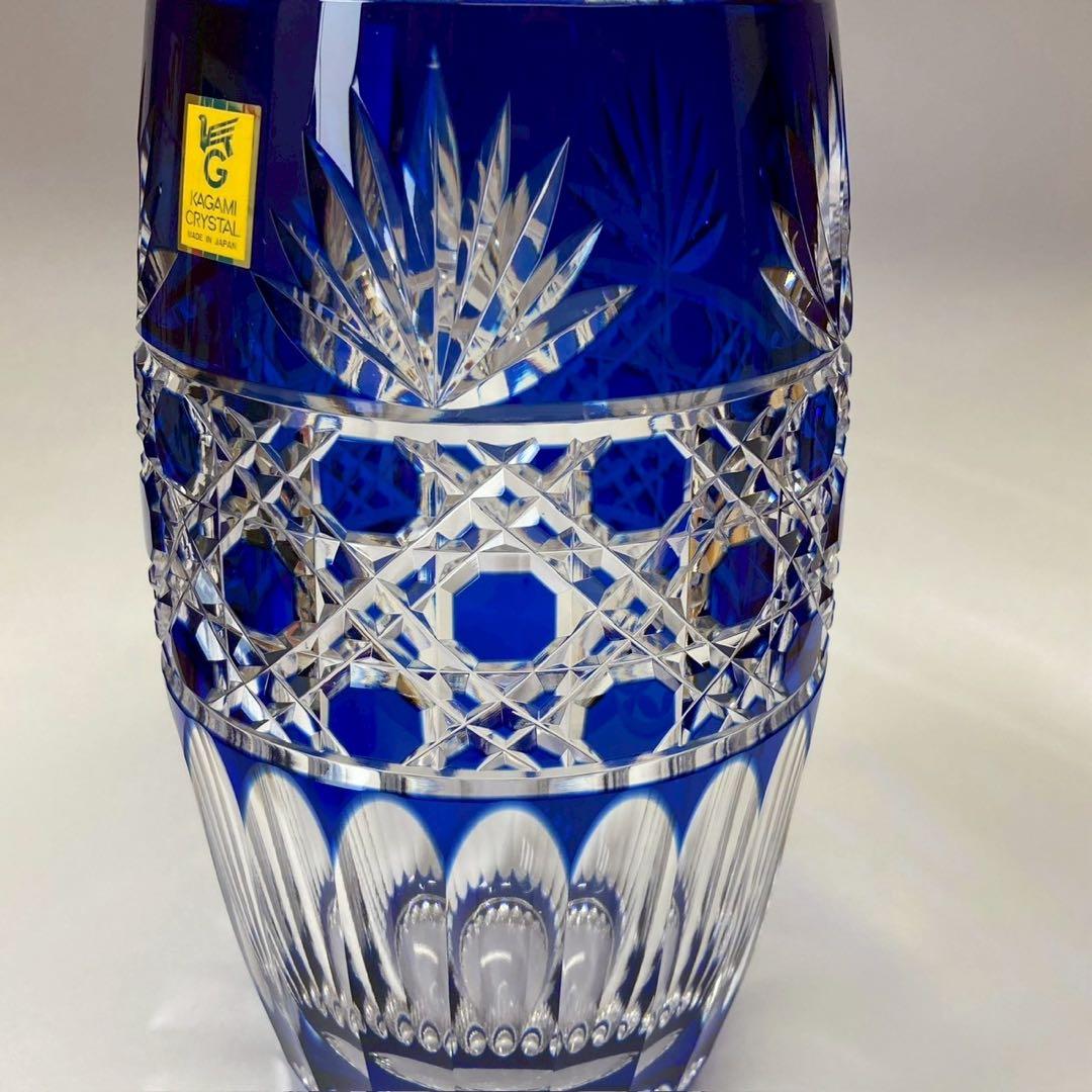 【もも】カガミクリスタル 江戸切子 花瓶 笹っ葉に八角籠目紋〈未使用品〉