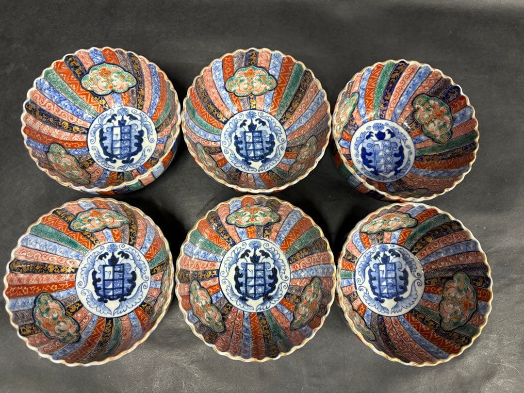 伊万里　色絵　菊型　輪花型　三つ鉢　小6セット