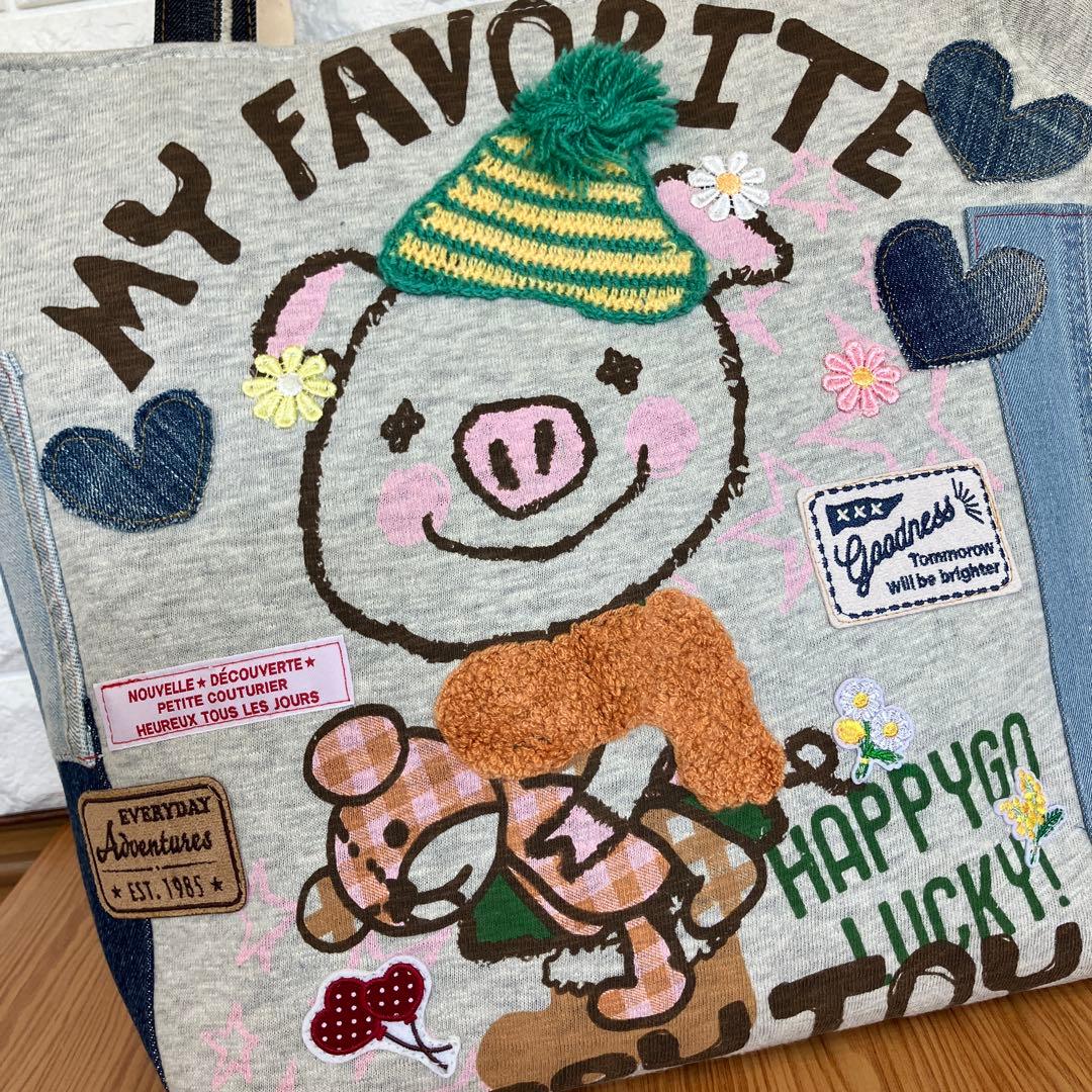 ハンドメイドバックデニムリメイクパッチワークおっきなトートバックぶたちゃん