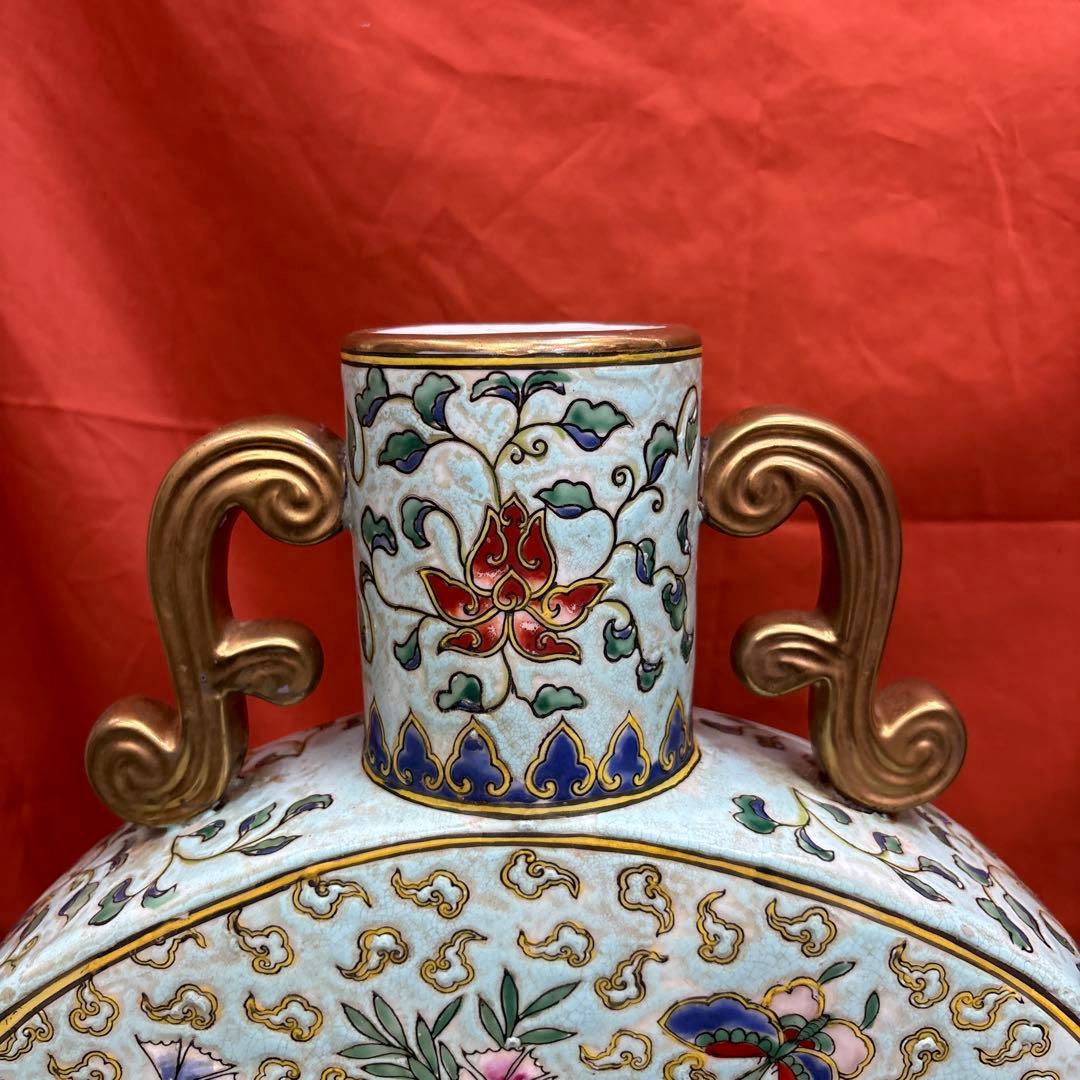 中国美術 大清同治年製 粉彩 双耳 花蝶図 扁壺 花瓶
